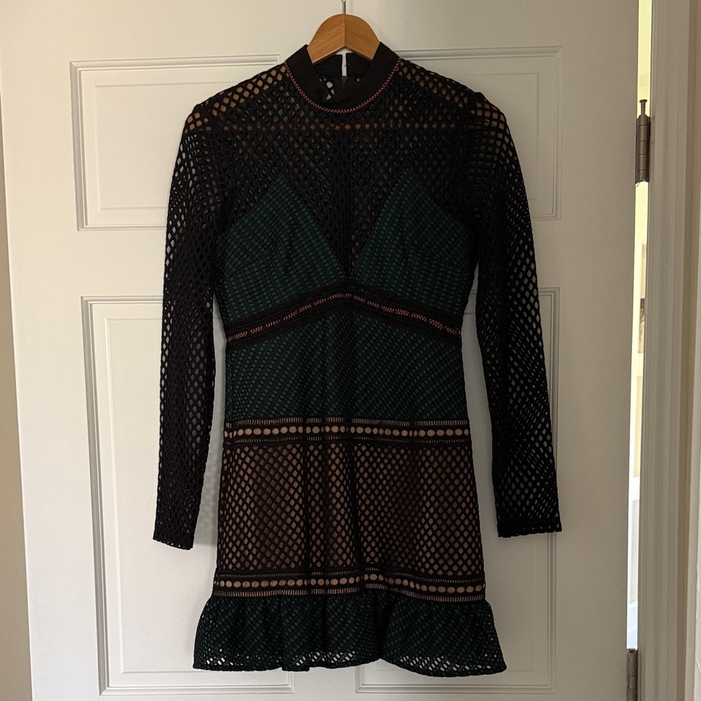Self-Portrait Forest Mixed Fishnet Mini Dress